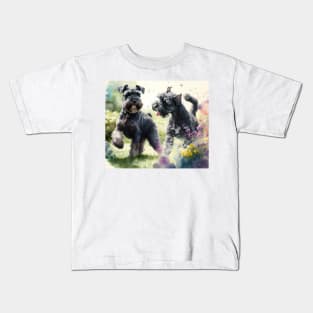 Two Black Miniature Schnauzers Playing Watercolour Painting Kids T-Shirt